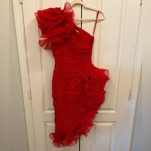 Vintage C. Randall Brooks One-Shoulder Ruffle Wiggle Dress in Red, Size XS/S
